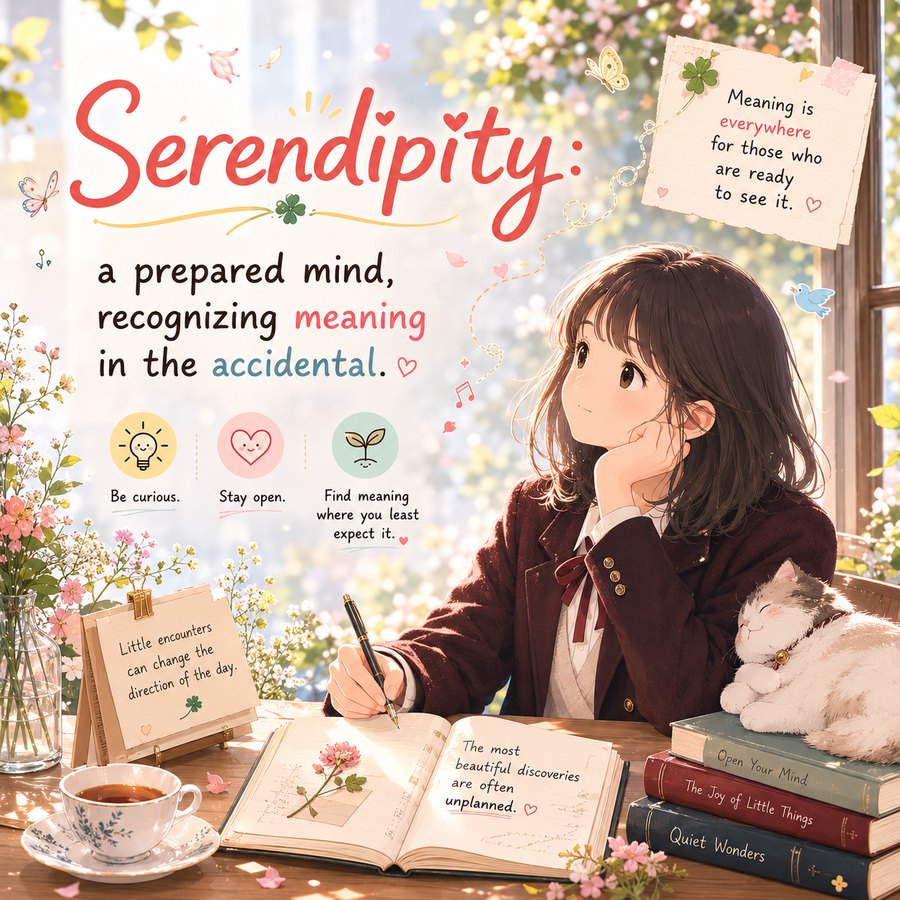 Serendipity: a prepared mind, recognizing meaning in the accidental. A student pauses over her notebook at a spring window — pressed flowers between the pages, a sleeping cat, a note pinned beside her reading ‘Meaning is everywhere for those who are ready to see it.’